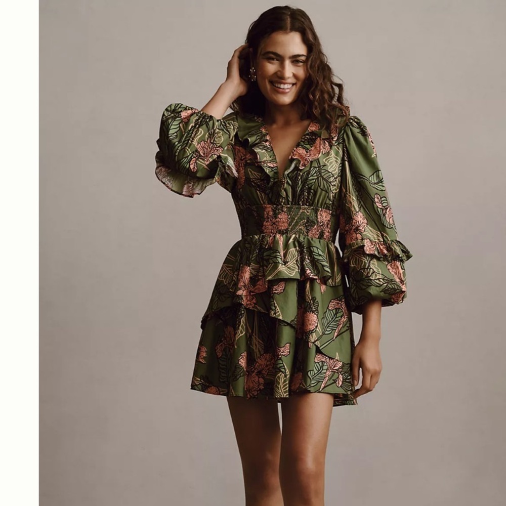 Anthropologie Hutch Green Floral Long Sleeve Ruffle Mini Dress | Size S